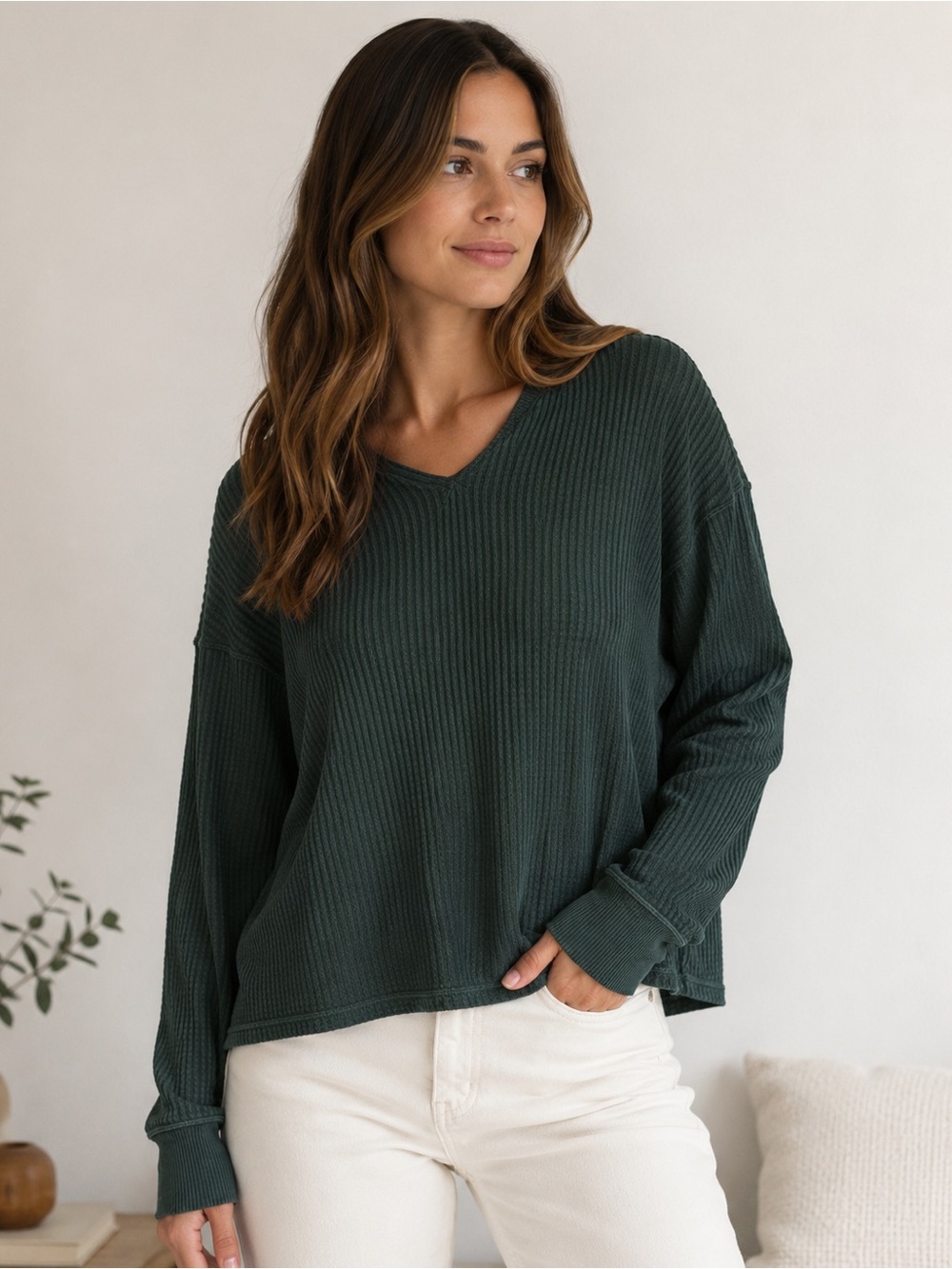 OFFLINE by Aerie Green Waffle Knit V-Neck Long Sleeve Top Size S NWT